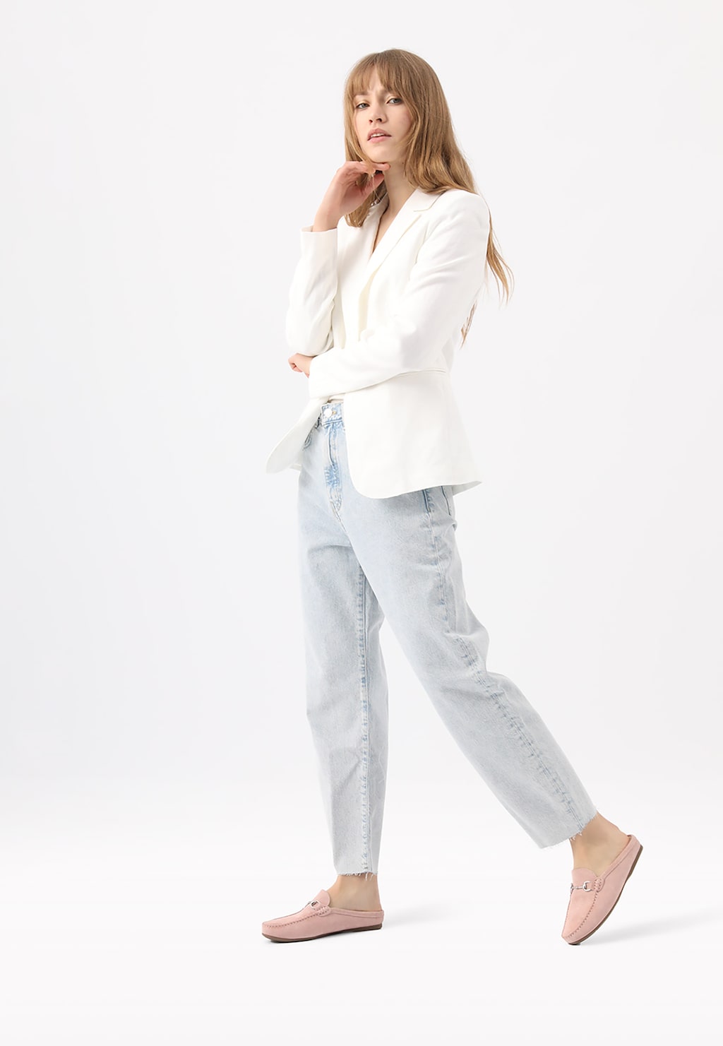 Różowe klapki mokasynowe z dwoiny welurowej 74033-65 Widok 1