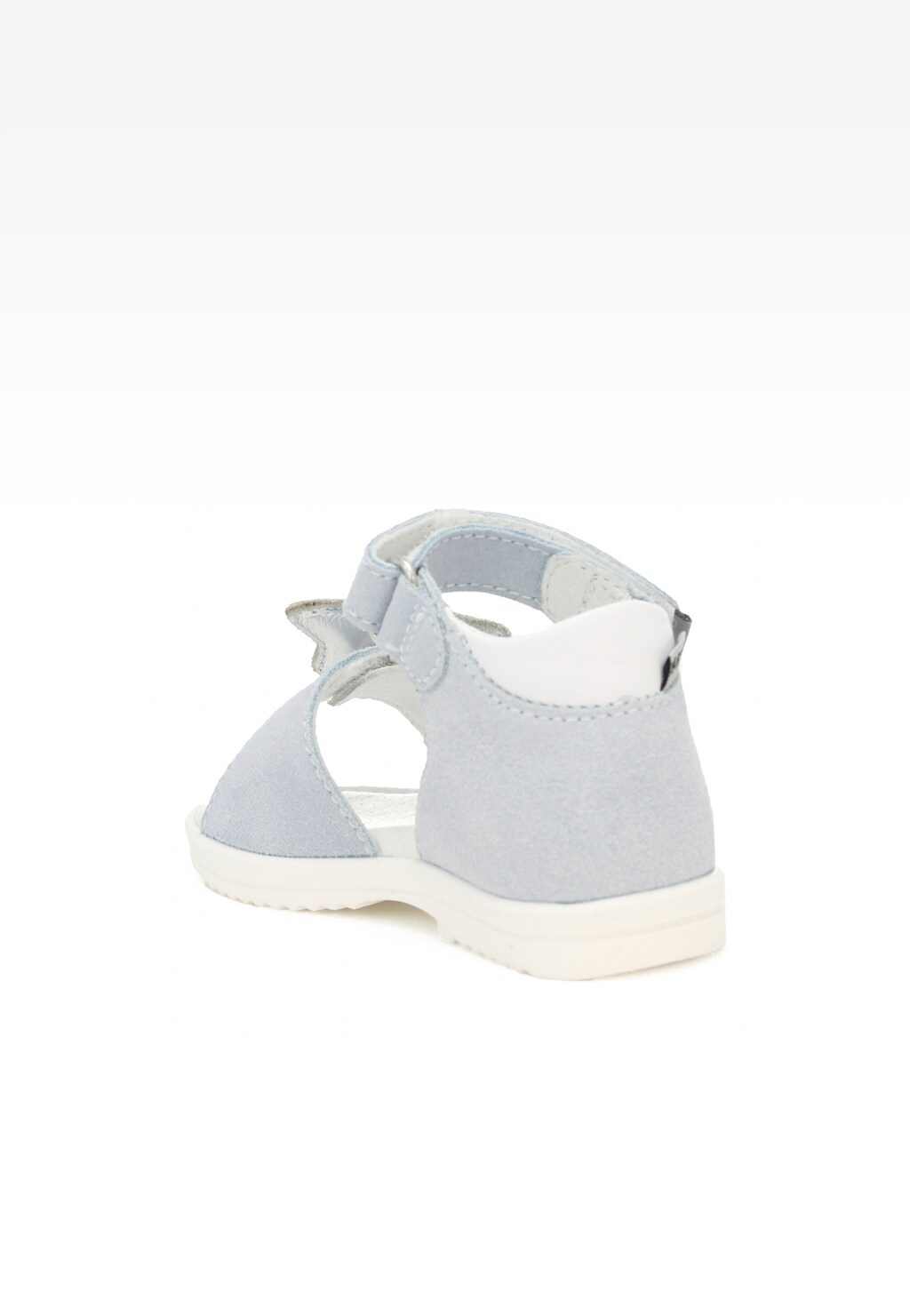 Niebieskie sandały dziecięce Bartek 11534003 dla dziewcząt, widok z tyłu, z ozdobną kokardką na pięcie i rzepem do zapinania, na jasnej podeszwie.