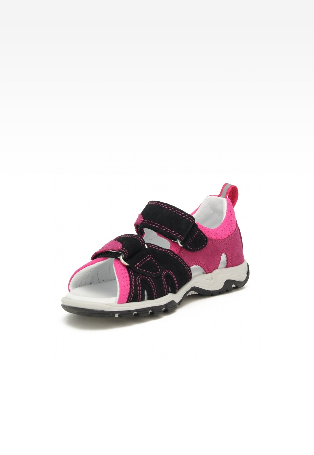 Dziewczęce sandały profilaktyczne Bartek 16187-009 w kolorze różowo-czarnym z rzepami, białą podeszwą i miękką wyściółką, idealne do codziennego noszenia latem.