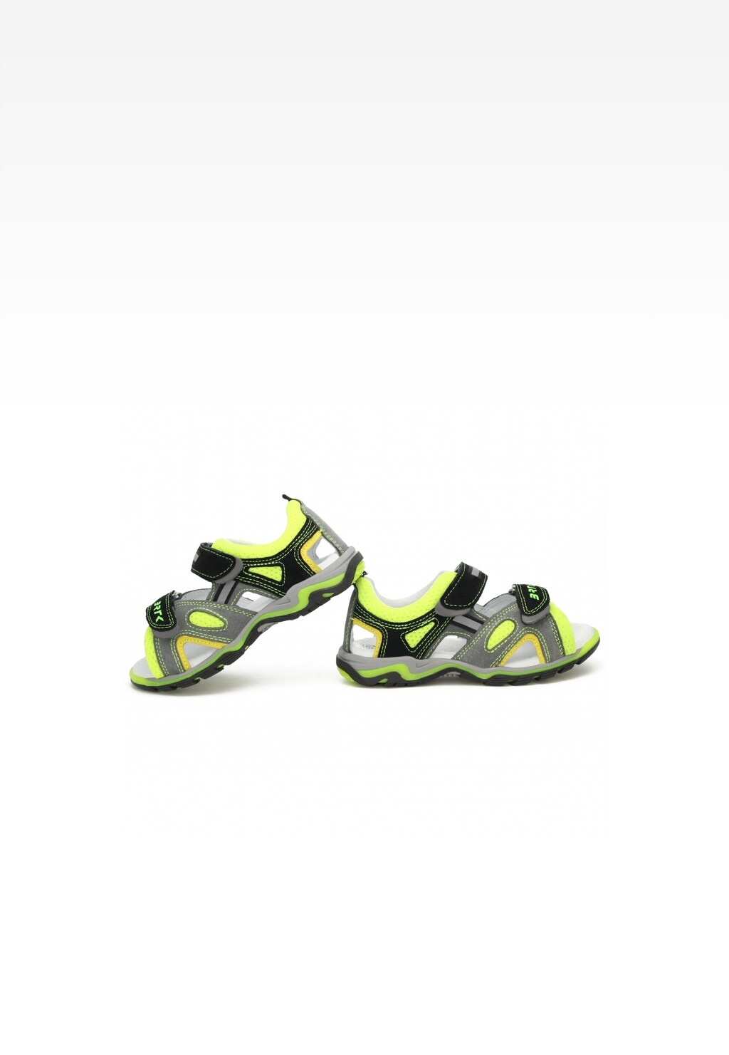 Sandały profilaktyczne Bartek 16176-005 dla chłopców w kolorze czarno-szarym z neonowo-żółtymi akcentami, wyposażone w rzepy, widok z boku.