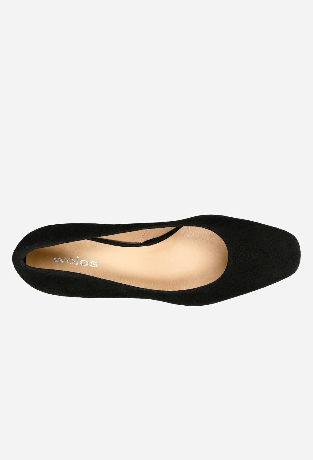 Eleganckie czarne czółenka Wojas 35062-61 z welurowego materiału, widok z góry ukazujący beżową wyściółkę wewnętrzną i logo marki na wkładce.
