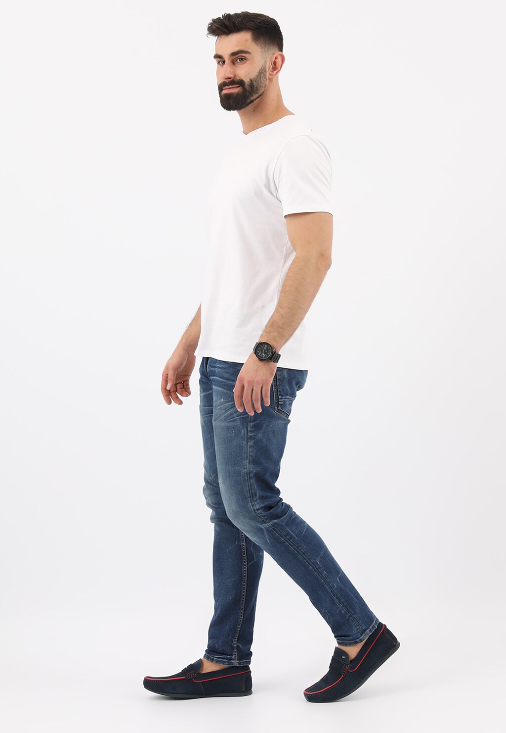 Tmavě modré kožené mokasíny pánské s červeným lemem 10064-65 Widok 1