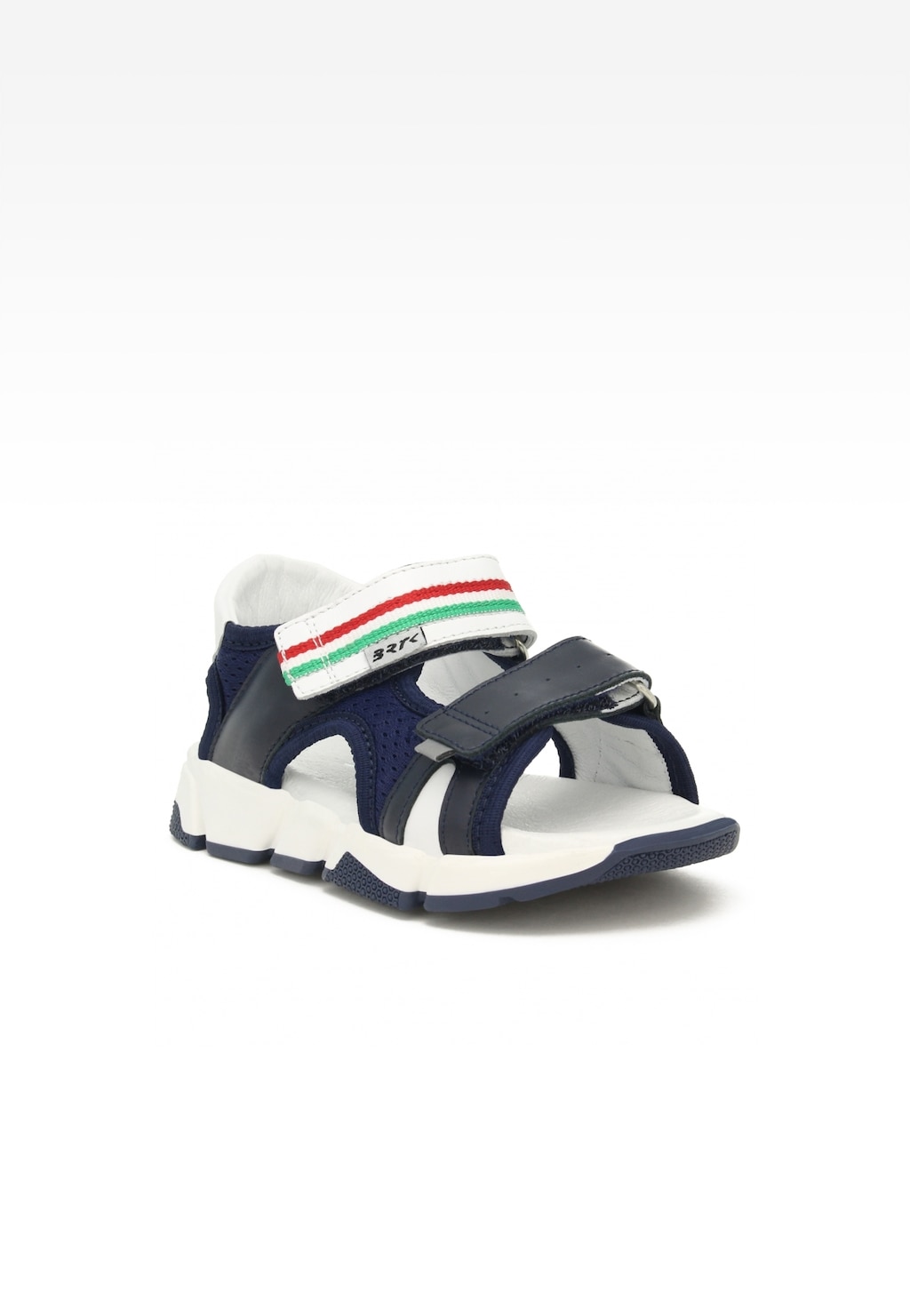 Granatowe sandały dziecięce BARTEK 16032003 z podwójnymi rzepami - górny z kolorowym paskiem w odcieniach czerwonym, białym i zielonym, na białej podeszwie.