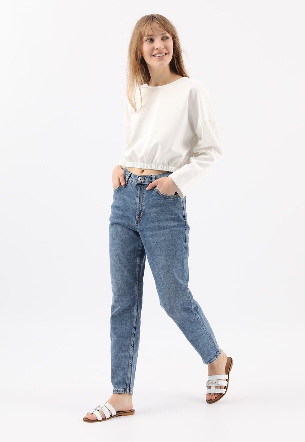 Bílé kožené dámské žabky se stříbrnou ozdobou 74043-59 Widok 9