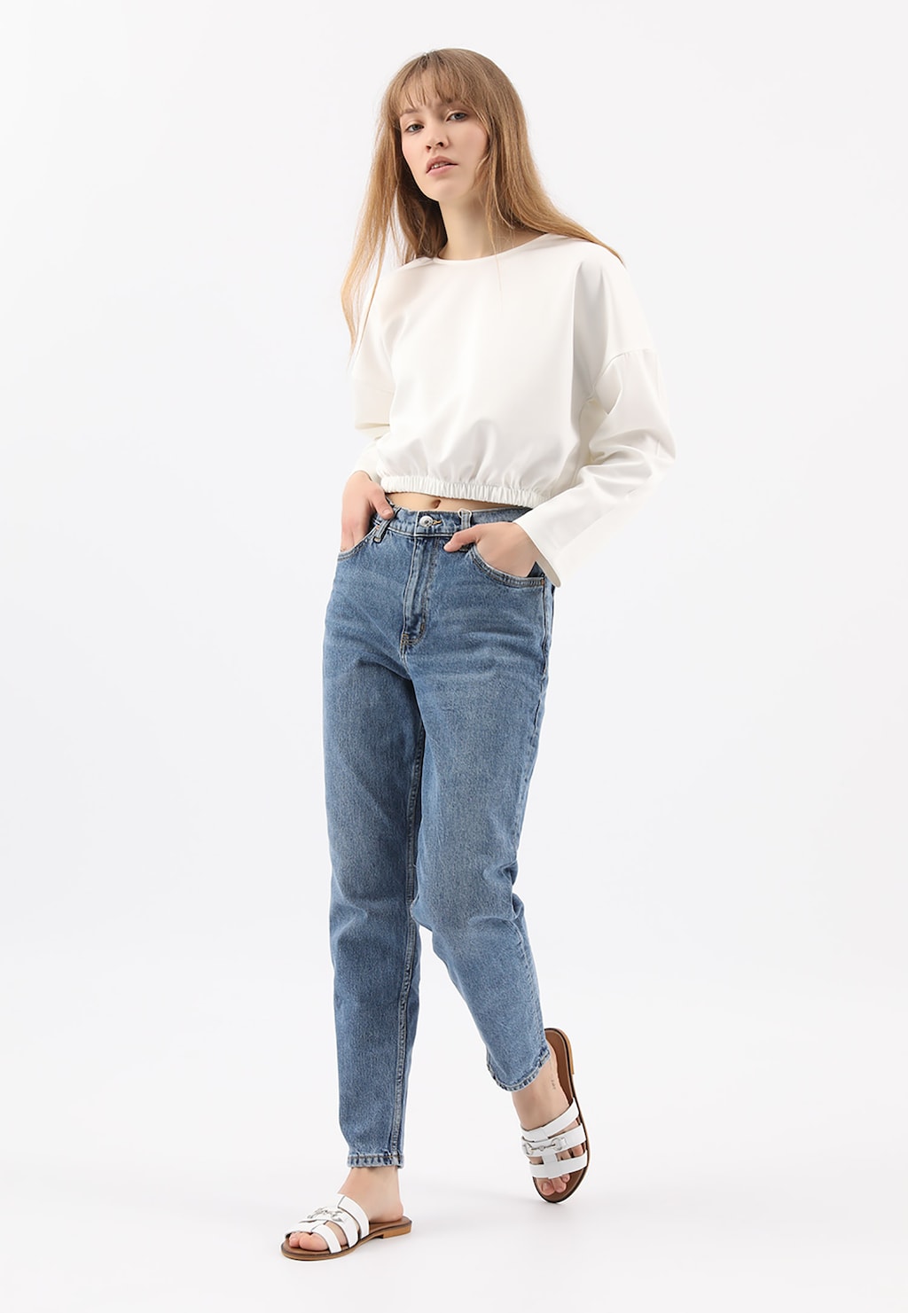 Bílé kožené dámské žabky se stříbrnou ozdobou 74043-59 Widok 1