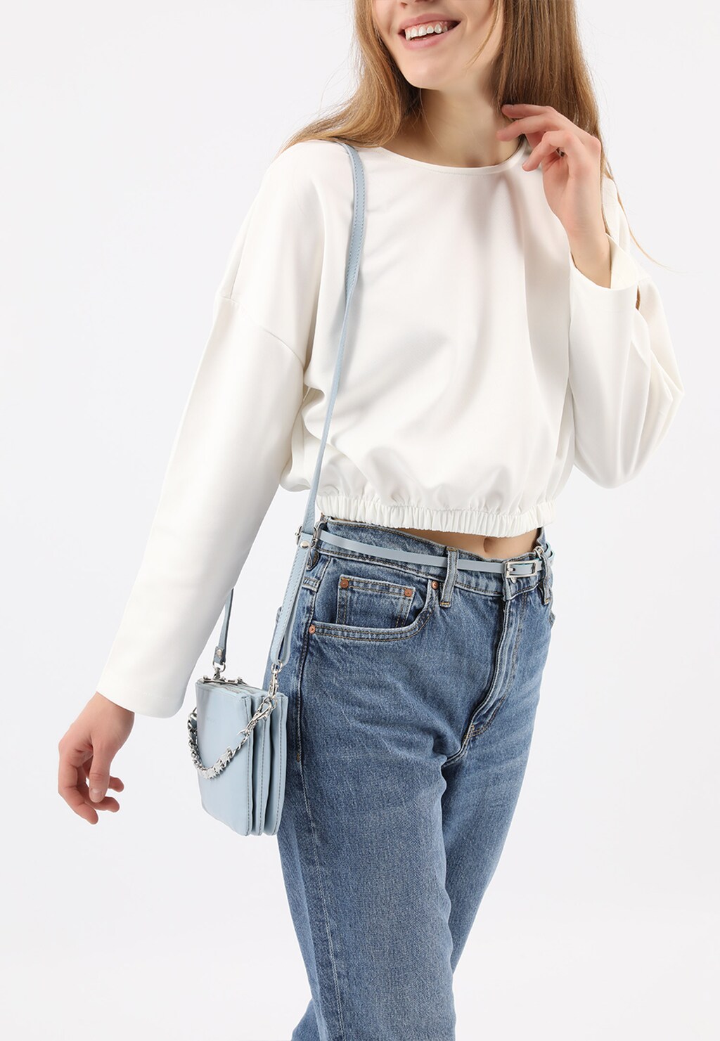 Niebieski skórzany pasek damski ze srebrną klamrą 93044-56 Widok 1