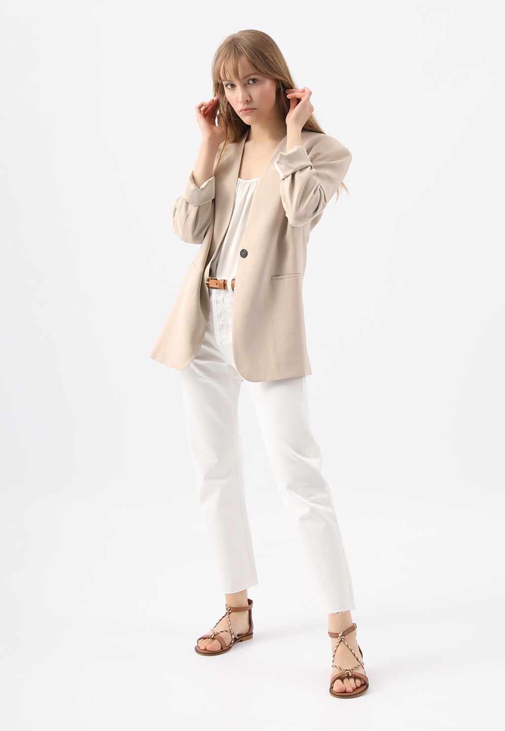 Jasnobrązowe sandały damskie z plecionymi paskami 76067-53 Widok 8