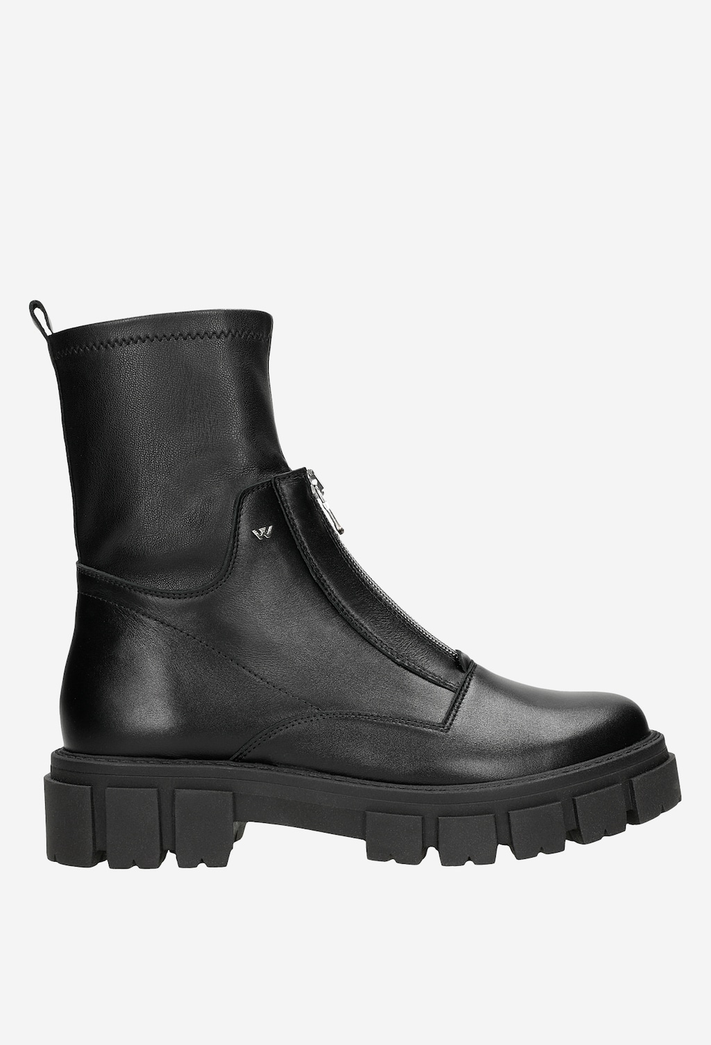 Czarne bikery damskie Wojas 55075-81 z przednią zapinaną na zamek cholewką z połączenia skóry licowej i lycry, na masywnej grubej podeszwie z protektorem.