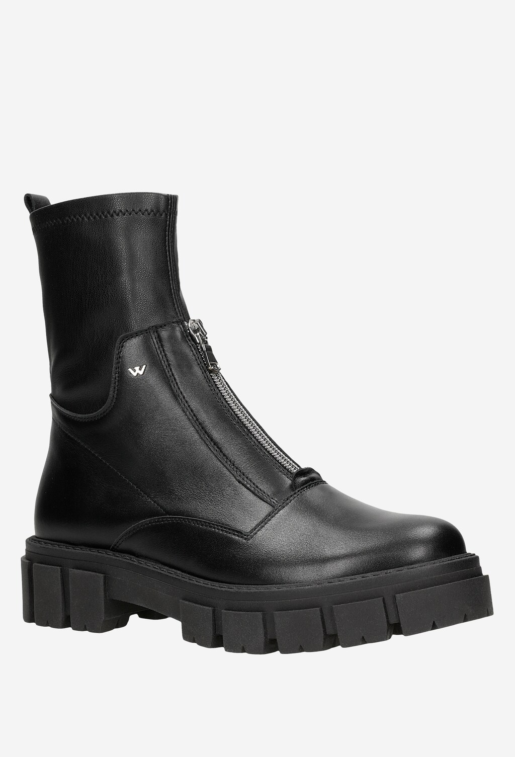 Czarne damskie botki Wojas model 55075-81 z przodu z zamkiem błyskawicznym, wykonane z połączenia skóry licowej i lycry, na masywnej podeszwie typu track.