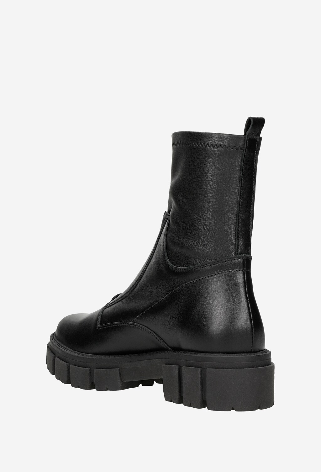 Czarne bikery damskie Wojas 55075-81 z boku, wykonane z połączenia skóry licowej i lycry, na masywnej podeszwie z wyraźnym protektorem.