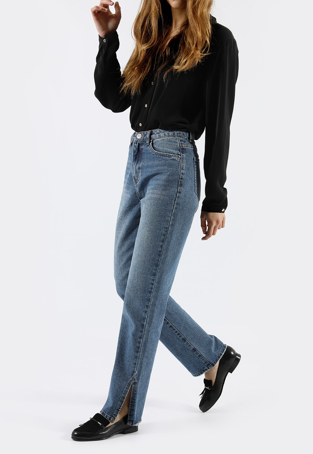 Czarne wygodne mokasyny damskie ze skóry licowej oraz welurowej 46045-71 Widok 7