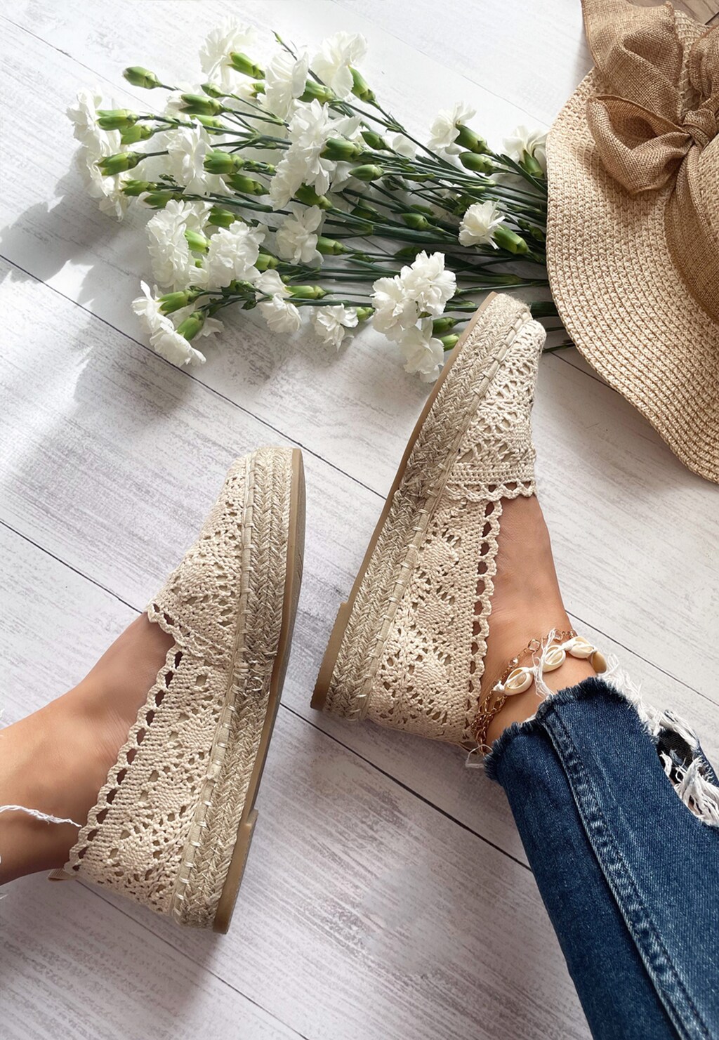 WJS beżowe espadryle damskie z koronką WJS43005-14 Widok 1
