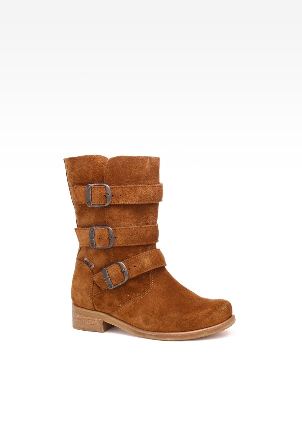 Brązowe zamszowe botki dziewczęce Wojas x Bartek 8440263 z trzema klamrami, średniej wysokości cholewką i niskim obcasem, widok z boku.