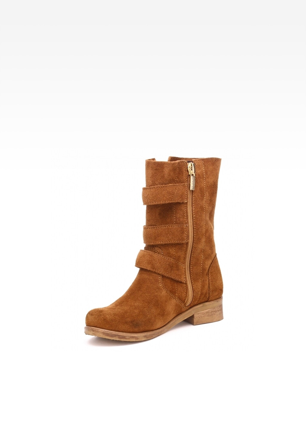 Brązowe zamszowe botki Wojas x Bartek 8440263 dla dziewcząt z bocznymi rzepami i złotym zamkiem, na niskim obcasie, wykonane z wysokiej jakości materiałów.