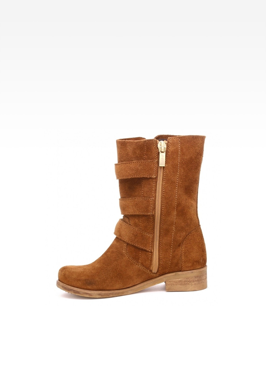 Brązowe zamszowe botki dziewczęce Wojas x Bartek 8440263 z trzema rzepami i bocznym zamkiem, na niskim drewnianym obcasie, idealne na chłodniejsze dni.