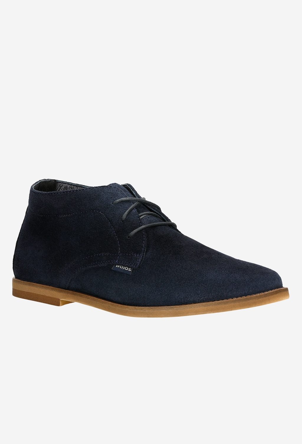 Granatowe skórzane trzewiki damskie Wojas model 64066-66 ze sznurowaniem, wykonane z zamszu, z charakterystyczną beżową podeszwą, widok z boku.