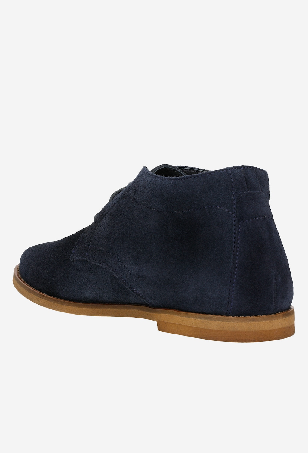 Granatowe skórzane trzewiki damskie Wojas model 64066-66 z widokiem z boku, wykonane z zamszowej skóry, z charakterystyczną jasną gumową podeszwą.