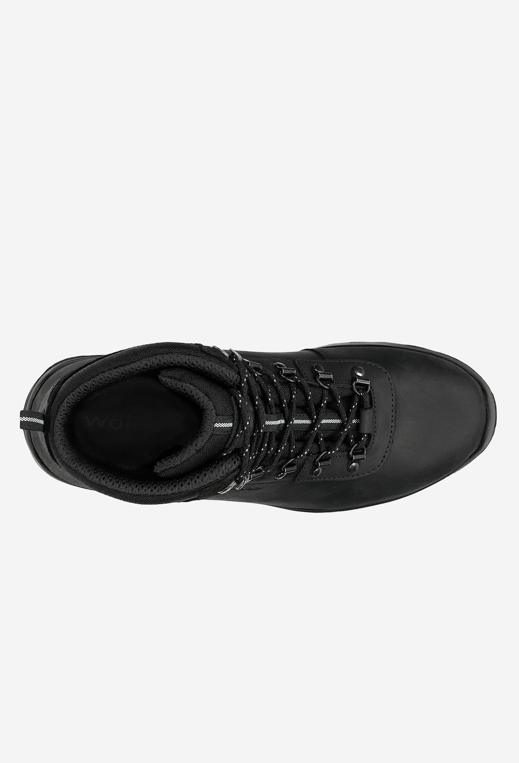 Czarny skórzany trzewik trekkingowy Wojas model 24029-71 widoczny z góry, z wyraźnie zaznaczonym systemem sznurowania i miękkim kołnierzem wokół kostki.