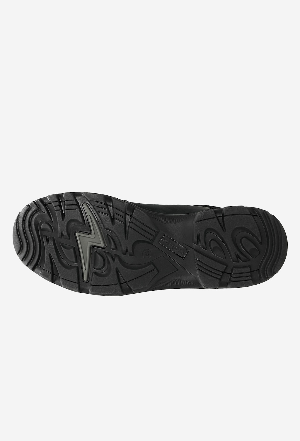 Czarna podeszwa trekkingowych trzewików Wojas model 24029-71 z wyrazistym bieżnikiem zapewniającym przyczepność na trudnych nawierzchniach.