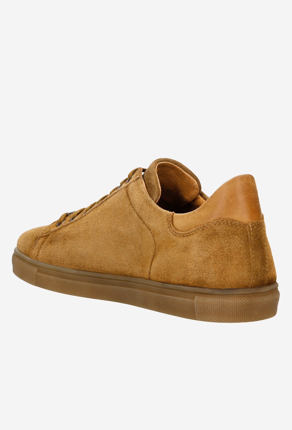 Jasnobrązowe trampki męskie Wojas model 9060-63 z dwoiny welurowej, widok z boku, z charakterystyczną gumową podeszwą w tym samym odcieniu.
