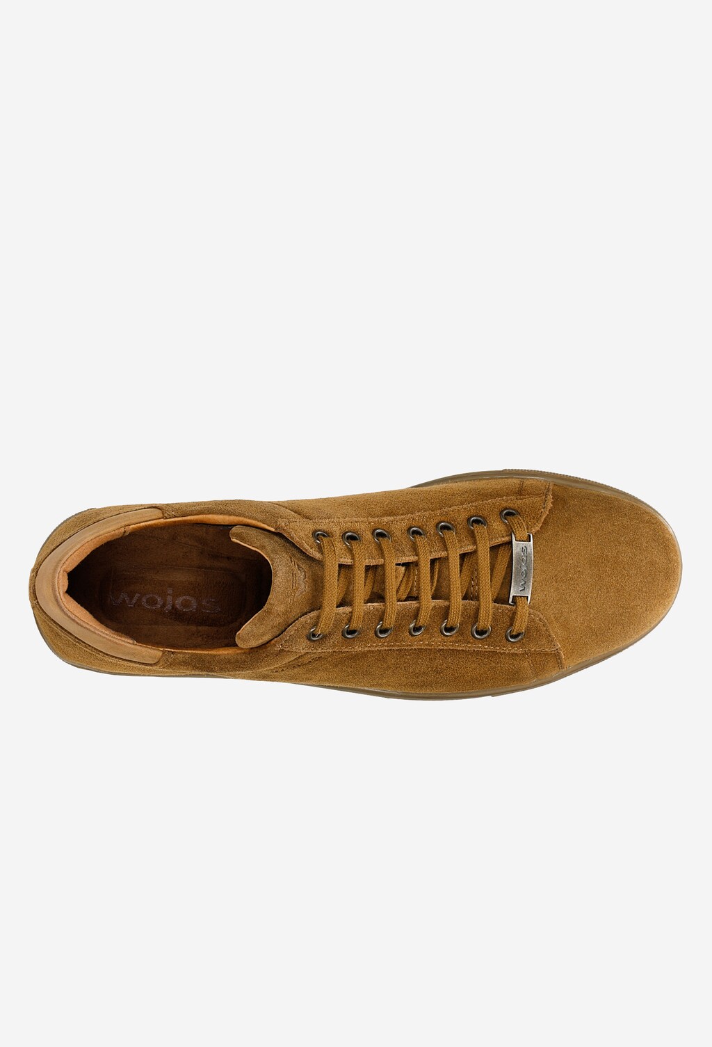 Jasnobrązowe trampki męskie Wojas model 9060-63 z dwoiny welurowej, widok z góry ukazujący sznurowanie i charakterystyczną fakturę materiału zamszowego.