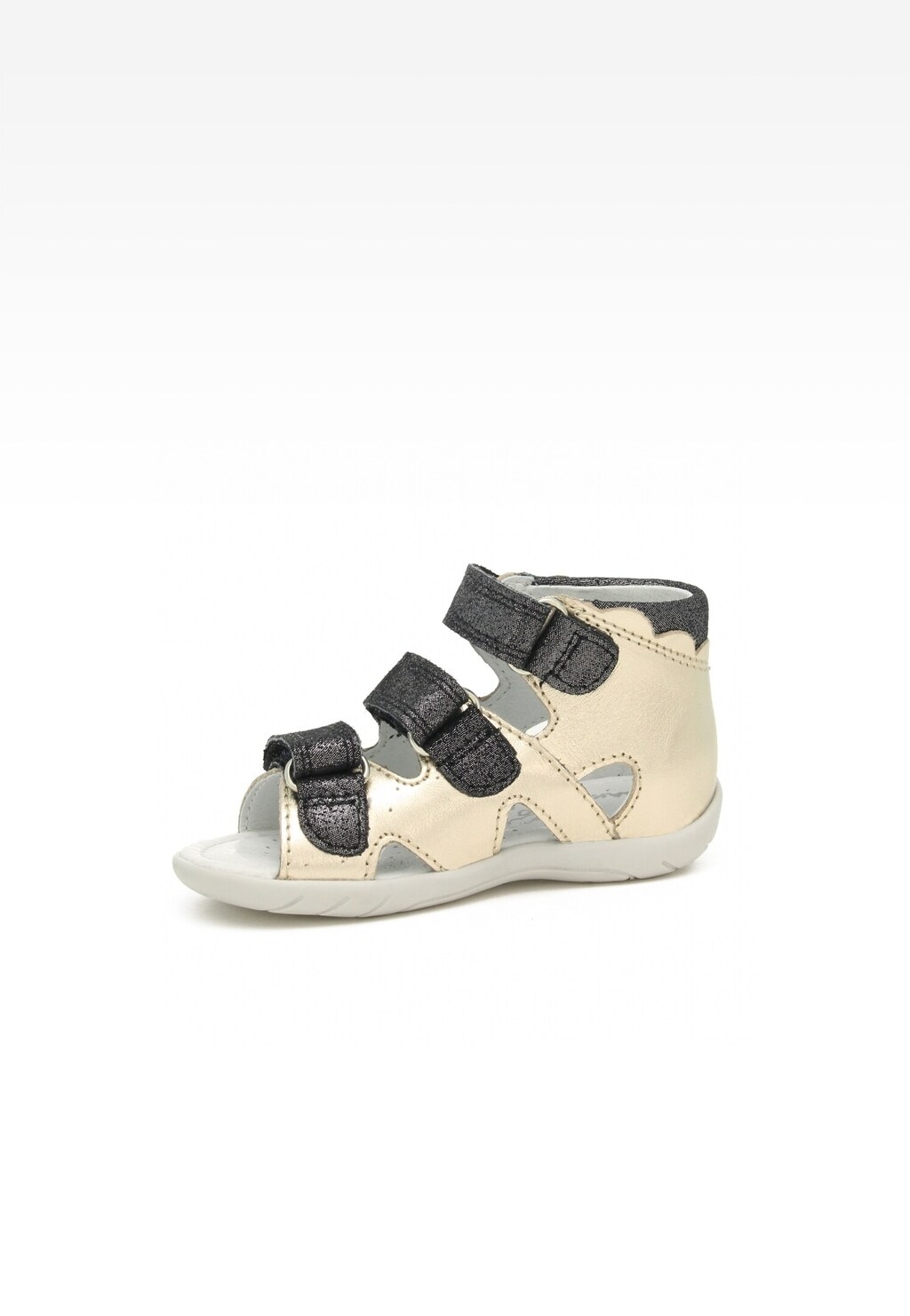 Dziewczęce sandały BARTEK 11707-026 w kolorze czarno-złotym, z trzema regulowanymi paskami na rzepy, wykonane z wysokiej jakości skóry, zapewniające komfort noszenia.