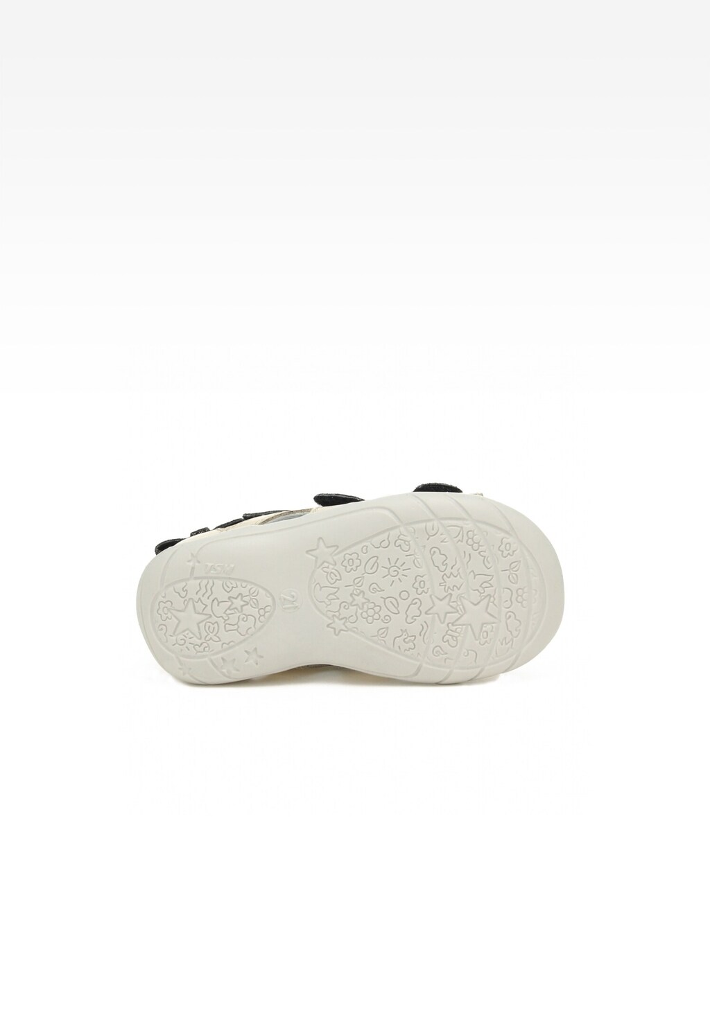 Podeszwa dziewczęcych sandałów BARTEK 11707-026 w kolorze czarno-złotym z widocznym wzorem kwiatowym i gwiazdkami, zapewniająca komfort i przyczepność.