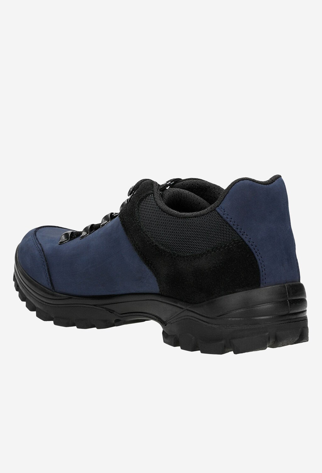 Czarno-granatowe półbuty trekkingowe męskie Wojas 10068-96 z bocznego profilu, ukazujące masywną podeszwę, wzmocniony nosek i mieszankę materiałów - nubuk i siateczka.