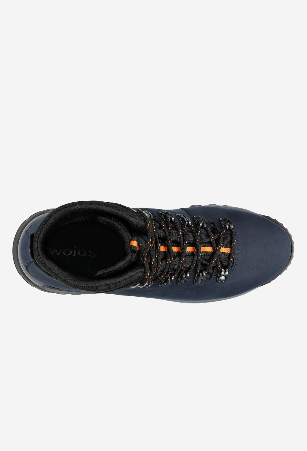 Granatowo-czarne trzewiki trekkingowe Wojas 24028-76 widoczne z góry, z charakterystycznymi pomarańczowymi akcentami na sznurowadłach i wygodnym wyściełanym kołnierzem.