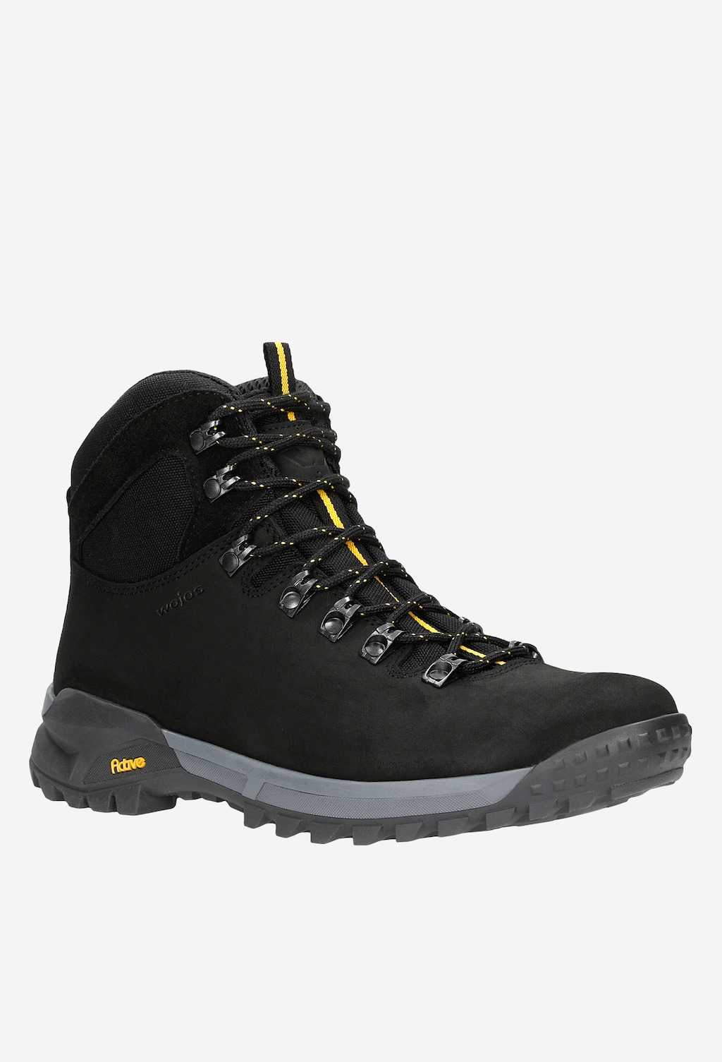 Czarne trzewiki trekkingowe Wojas model 24028-71 z żółtymi akcentami na sznurowadłach, wykonane z łączonych materiałów, z wyraźną podeszwą Vibram przeznaczoną do wędrówek.