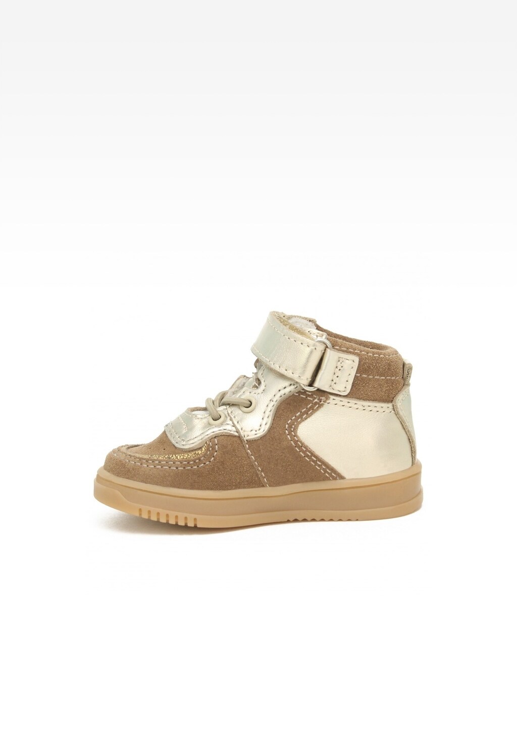Sneakersy dziecięce Bartek 11583004 w beżowo-złotym kolorze, z wysoką cholewką, zapinane na rzep, na gumowej podeszwie, prezentowane z boku.