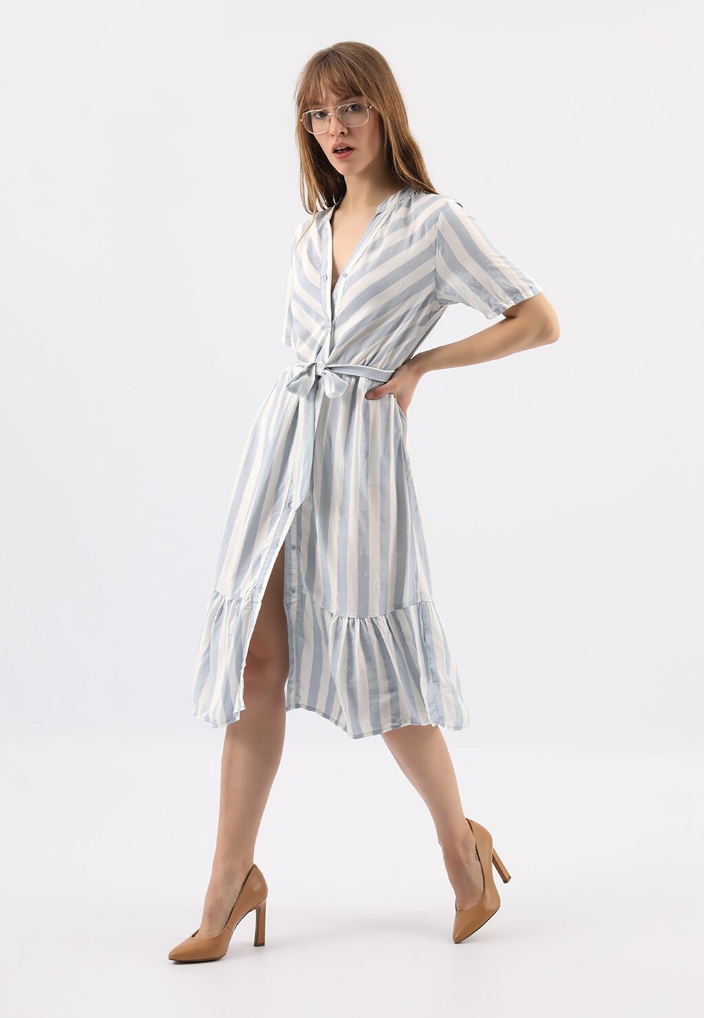 Beżowe czółenka na słupku w stylu formal 35064-54 Widok 1