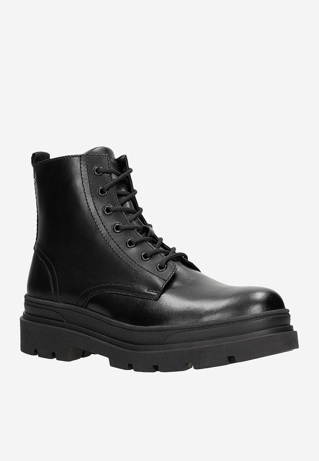 Czarne skórzane bikery męskie Wojas model 24039-51 z bocznym widokiem, sznurowane, na charakterystycznej grubej podeszwie typu platform, w stylu wojskowym.