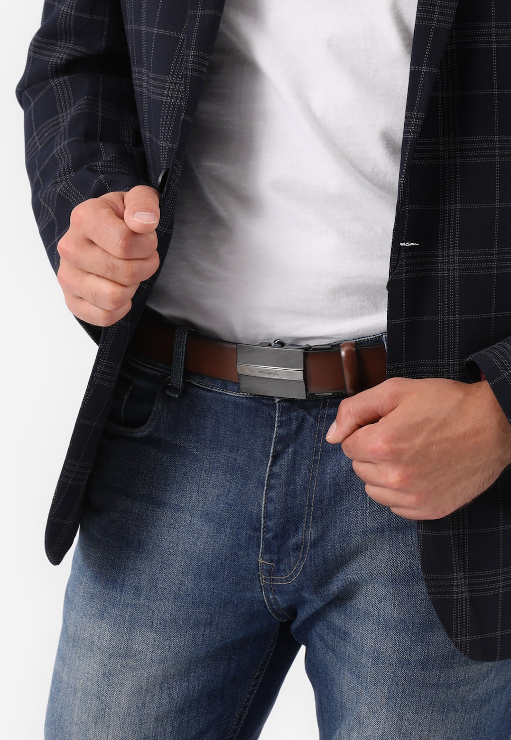 Hnědý kožený pánský pásek s plnou přezkou 93038-52 Widok 1