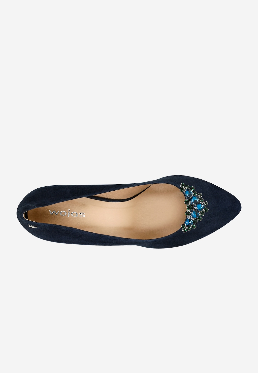 Eleganckie granatowe baleriny Wojas model 98513-17 z zielono-niebieskimi ozdobami kamieni na nosku, widok z góry.