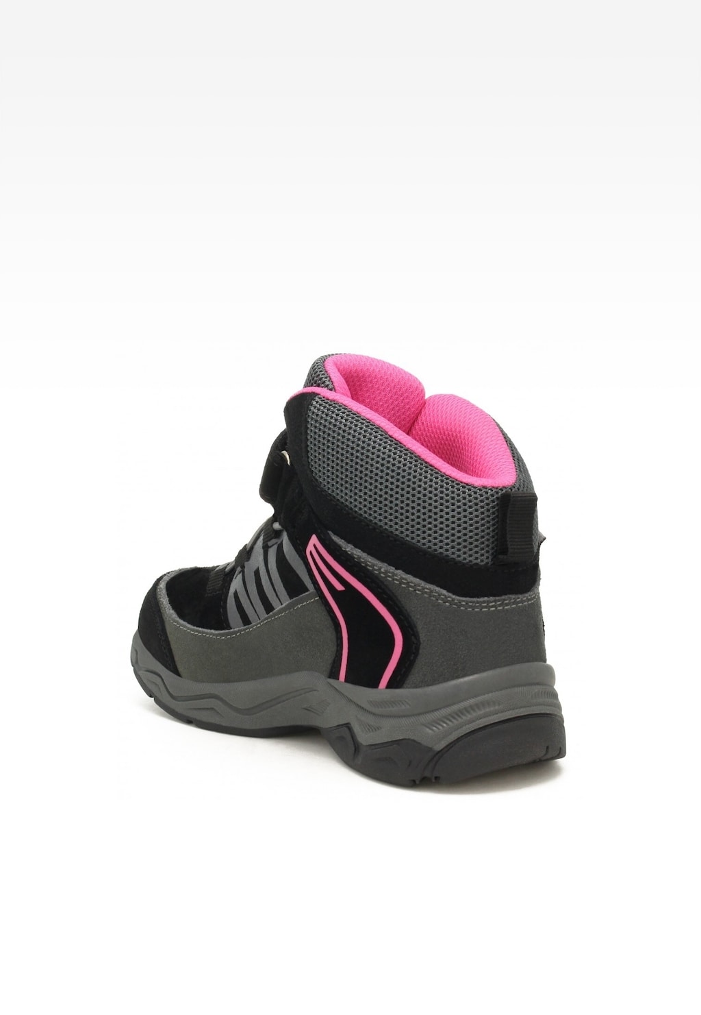 Czarny trzewik ocieplany Bartek 11608006 dla dziewcząt z różową wyściółką, widok z tyłu pokazujący szare i czarne elementy oraz różowe akcenty.