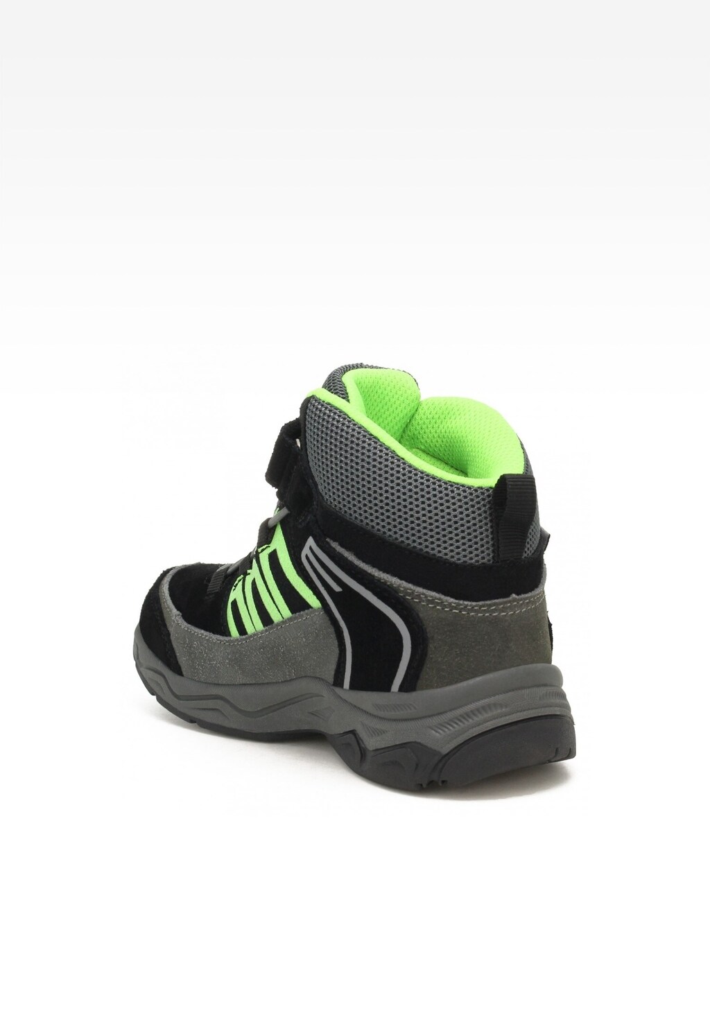 Trzewiki ocieplane BARTEK 11608009 w kolorze czarno-szarym z jaskrawozielonymi akcentami, widok z boku, pokazujący rzep i wyściółkę.