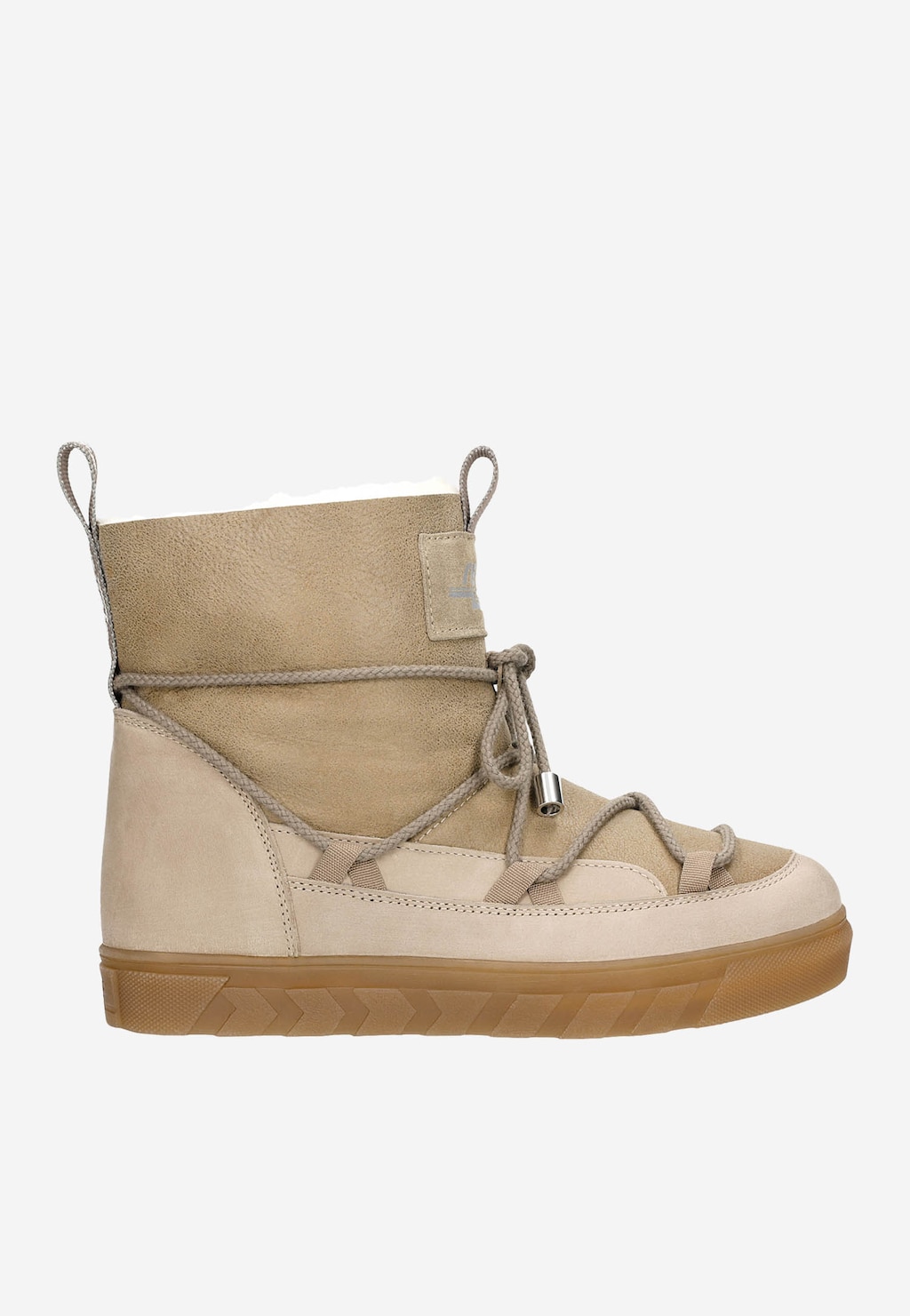 Beżowe Relaksy damskie typu śniegowce model R55103-74 z bocznym uchwytem, ocieplane skórą owczą, na gumowej podeszwie, z systemem sznurowania z przodu.