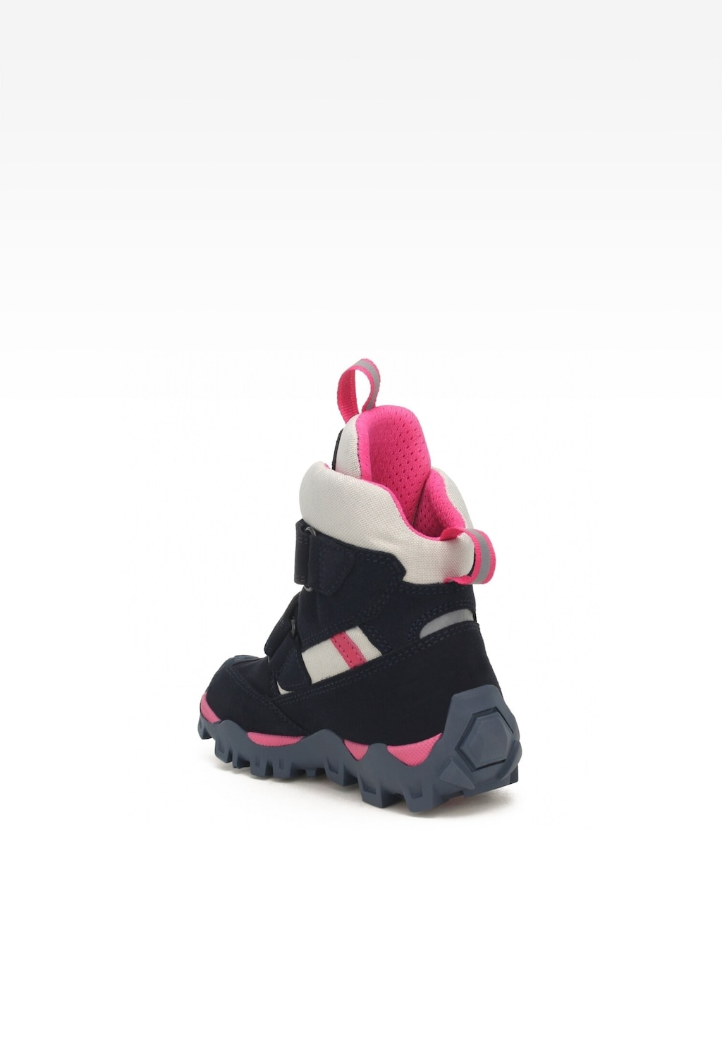 Granatowy trzewik ocieplany Bartek 17395012 dla dziewczynki z różową wyściółką, rzepem zapinającym i charakterystyczną grubą podeszwą, widok z tyłu.