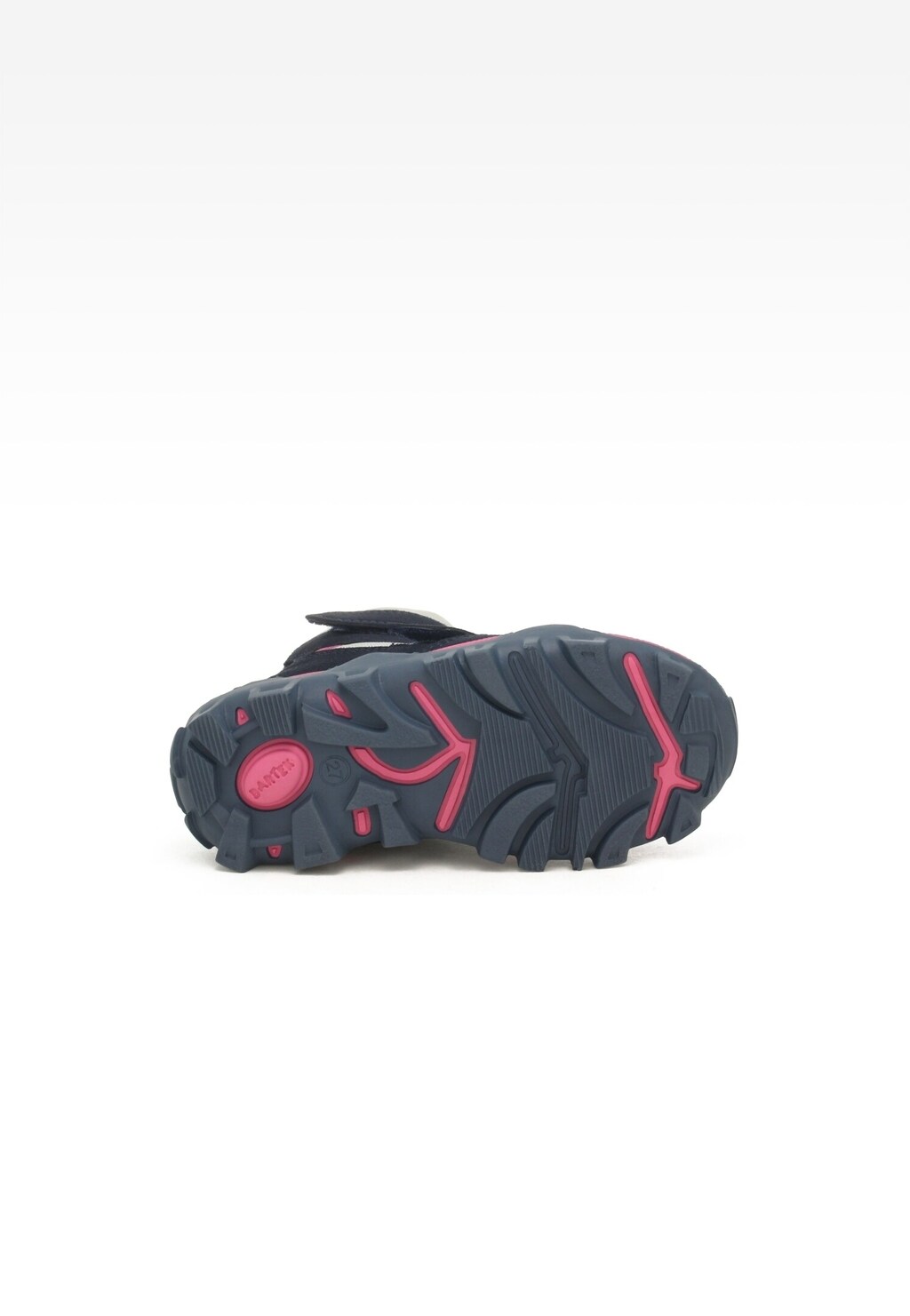 Granatowa podeszwa trzewików ocieplanych Bartek 17395012 dla dziewcząt z różowymi elementami antypoślizgowymi, widok od spodu obuwia zimowego.
