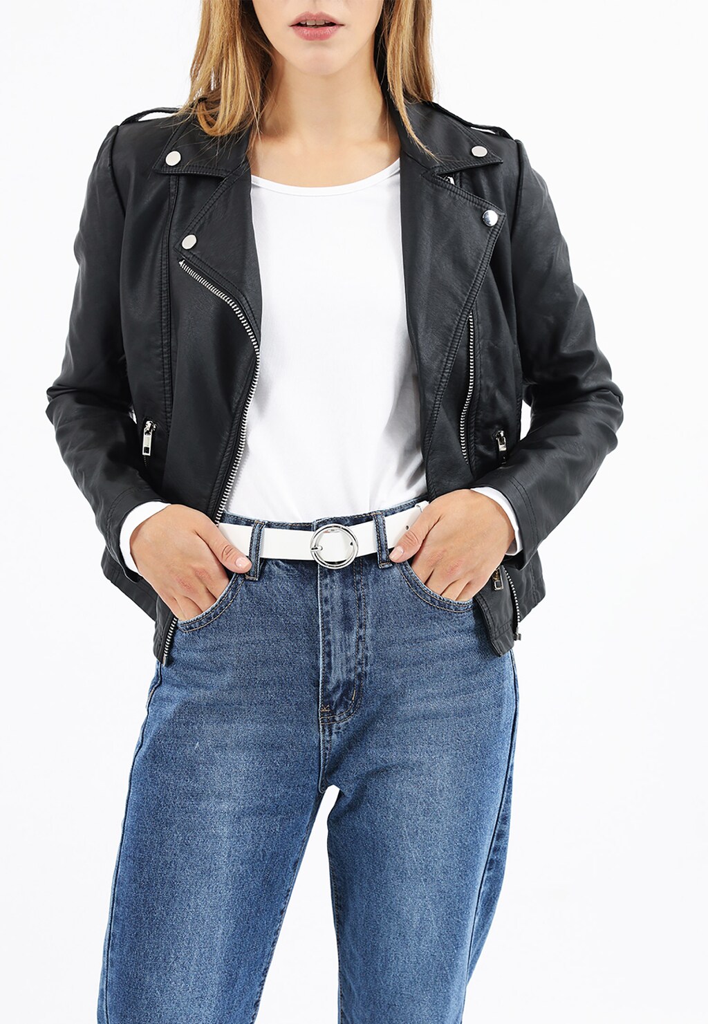 Biały pasek damski ze srebrną klamrą 9973-59 Widok 1