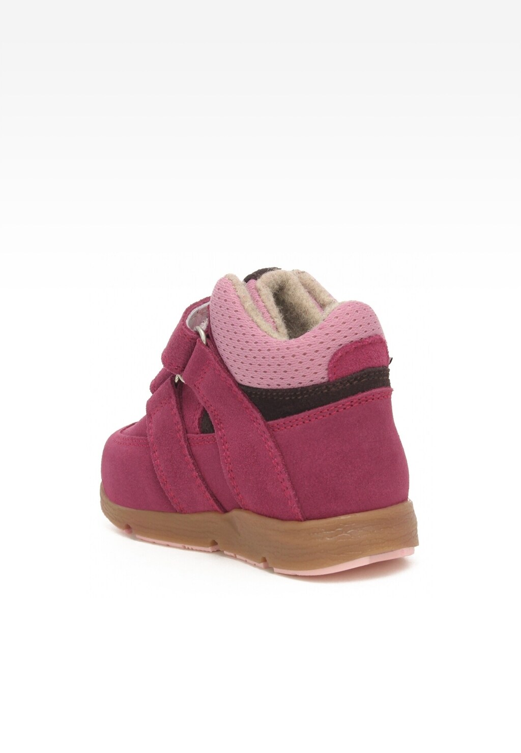 Ciemnoróżowe trzewiki ocieplane Bartek 11090016 dla dziewcząt, z wewnętrznym futrzanym ociepleniem, rzepami i brązową podeszwą, widok z tyłu buta.