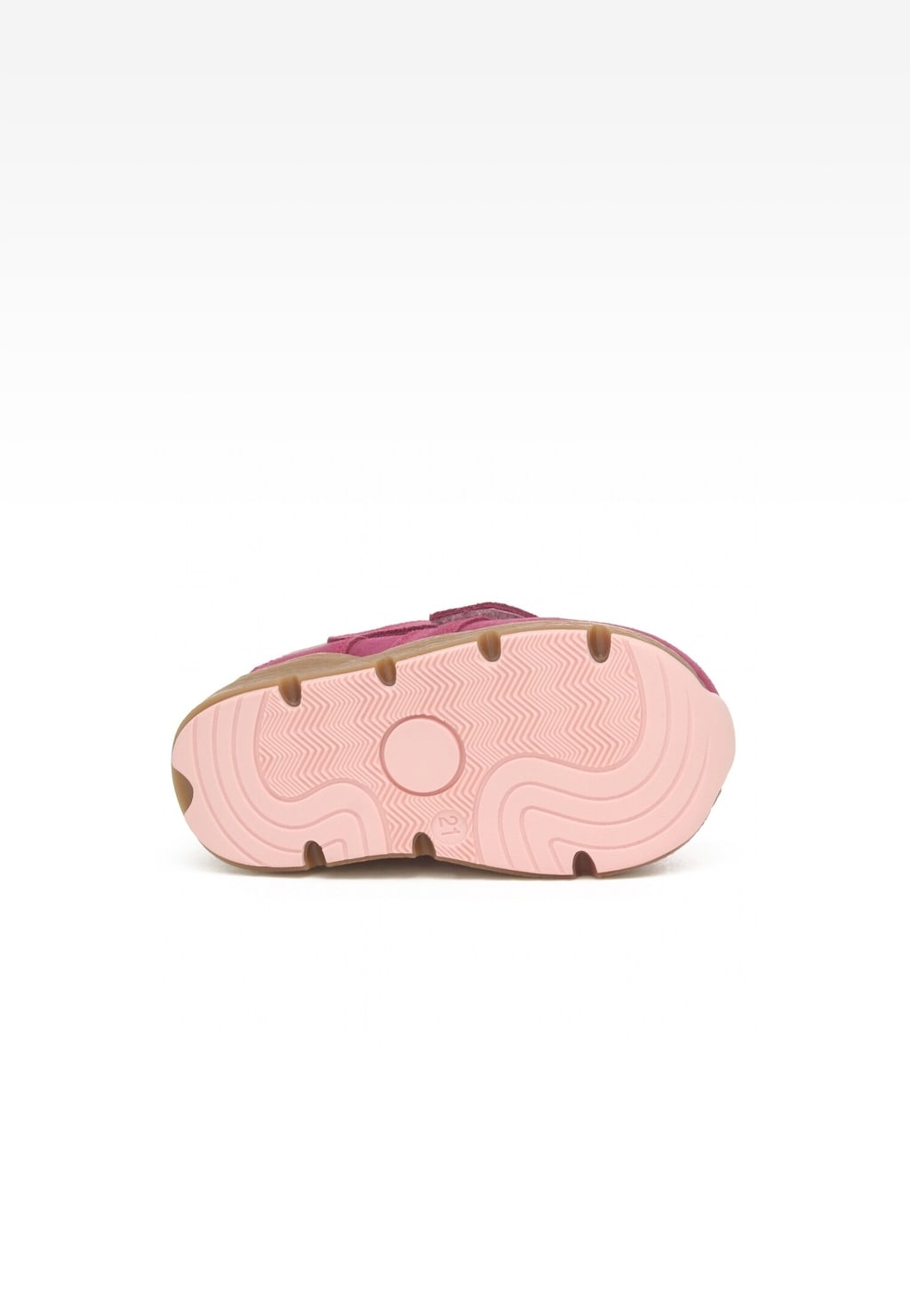 Różowa podeszwa trzewików ocieplanych BARTEK 11090016 dla dziewcząt, widoczna od spodu z charakterystycznym wzorem zygzakowatym i okrągłym logo po środku.
