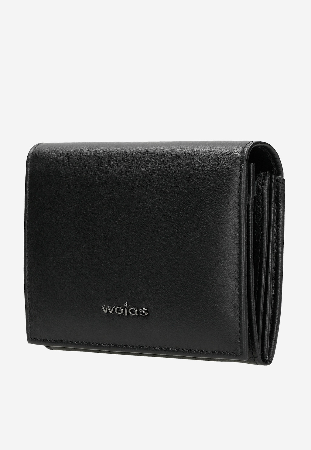 Czarny elegancki portfel damski Wojas model 91051-51 z gładkiej skóry licowej, widoczny z przodu, z wyraźnym logo marki na froncie.