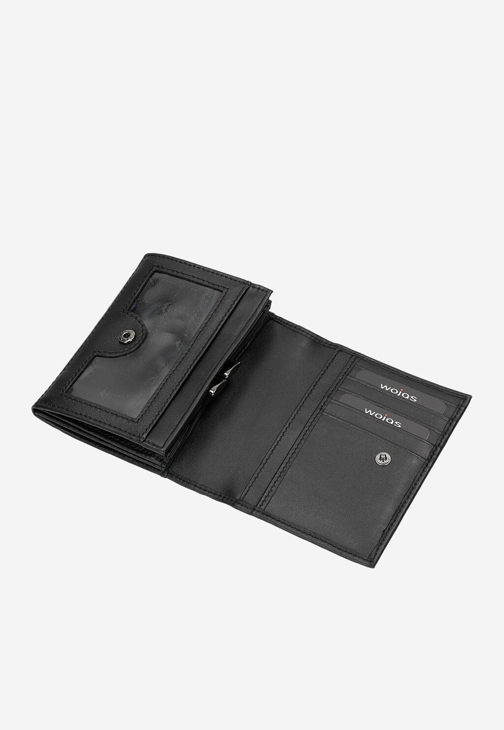 Czarny klasyczny portfel damski Wojas model 91051-51 z licowej skóry, otwarty, ukazujący wnętrze z przegródkami na karty i przezroczystą kieszenią na dokumenty.