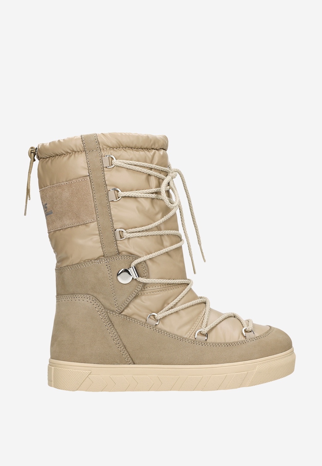 Beżowy wysoki śniegowiec damski RELAKS R55121-84 z pikowanym materiałem, sznurowaniem i zamkiem z tyłu, na lekkiej, profilowanej podeszwie.