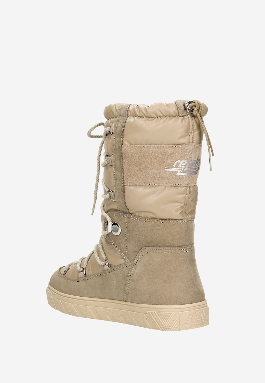 Beżowe wysokie śniegowce damskie RELAKS R55121-84 z bocznym widokiem, wyposażone w sznurowanie, ocieplany kołnierz i logo marki na cholewce, idealne na zimowe warunki.