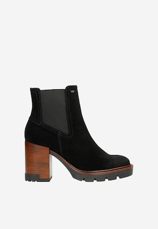 Czarne damskie sztyblety z dwoiny welurowej z brązowym obcasem