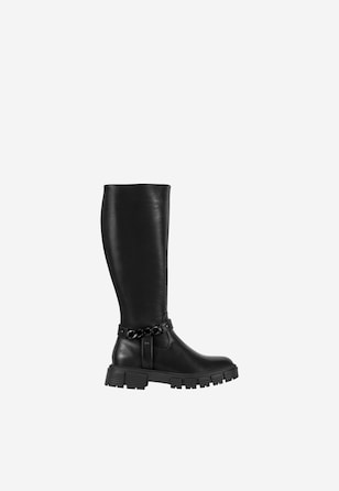 WJS czarne płaskie kozaki damskie z łańcuchem