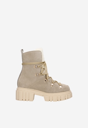 RELAKS béžové dámské kotníkové boty s bílým kožíškem a vroubkovanou podrážkou